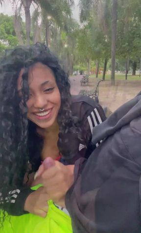 Horny slut really loves to give a blowjob in a public park