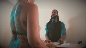 Tatted sub in black rope harness gets restrained and vibed by her master