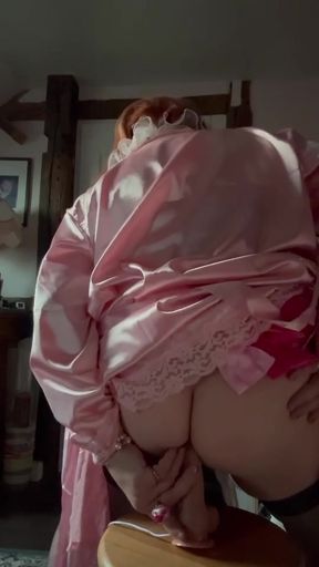 In outfit with a fuchsia nightie with a cum stain to shove a dildo in me and cum my nightie with a vibrator