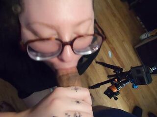 Fat white gal with Glasses chokes on rod and swallows cum
