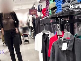 NandaNua, exhibitionist and hotwife, wearing a transparent blouse and miniskirt at the Mall and Supermarket.