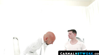 Bald Master Adam Snow sucked the boys dick and then started fingering his boy hole