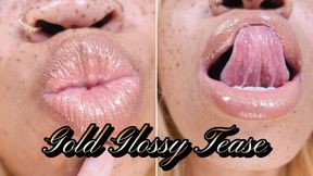 Gold Glossy Tease- Ebony Femdom Goddess Rosie Reed Gold Lipgloss Lipstick Fetish Tease With Lip Licking Tongue Play and Puckers- standard definition