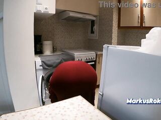 Stepmom in Kitchen Told NO Sex! - Allows Stepson Merely Stroking & Jizz flow on her Chubby Butt