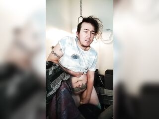 Transman doxy masturbating in office chair 1st time in front of camera