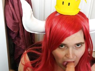 jock hungry Bowsette blowing a sex toy cosplay