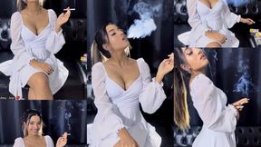 White flowy minidress and a cute smoker smoking while flirting with you!