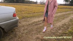Sexy girl in mini skirt pantyhose and socks got her BMW 330 stuck in deep mud