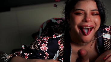 How cute do I look sucking cock in my new kimono from Anime Dakimakura Pillow?