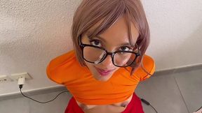 Tiny Latina in Velma cosplay rides big white cock and get his cum on her pretty face in glasses