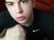 Sexy twink sucks his friend's dad's monster cock. Licked all the cum down to a drop