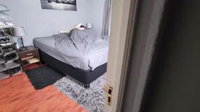 2 girls golden showers while laying in bed, both soak their panties and bed, lesbian kiss cunt rub