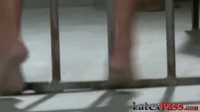 BDSM Diana Stewart whipped and toy stuffed by guy in latex