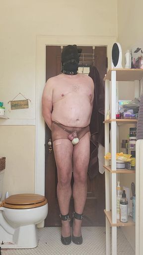 Slave Cums Hands-free in Chastity Cage and Heels