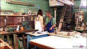 Horny German secretary goes to the workshop and fucks the boss