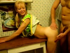 Blonde Girl's Kitchen Table Blowjob and Hardcore Fuck
