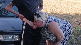 Pissing in nature fucked a neighbor in her mouth and filled it with cum