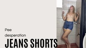 pee desperation in jeans shorts