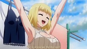 He puts her in a costume and penetrates her from behind, cumming inside her while holding her in his arms.