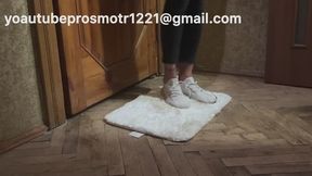 After a walk outside, Nastya remembered her snow-white, brand new, just bought bath mat, and decided to clean her dirty shoes with it. She tramples on it, wipes her feet, and gets dirty. + spitting