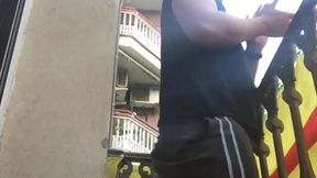 Risky Sanitary Applause While Dildo in Ass and Playing in the Balcony