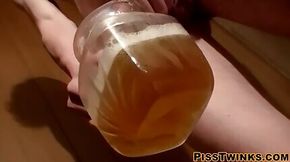 Lover pisses and pours it on himself before masturbating