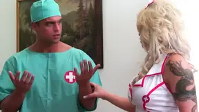 Hot nurse in laces up boots rides dude in scrubs on hospital bed