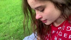 Lesbian pal rides her friend on a park bench