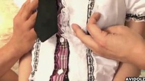 Akina Sakura's Uncensored Adventures With Two Men Satisfying Her Shaved Pussy Fantasy