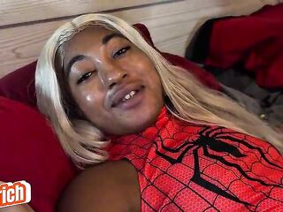 Stepdaughter costume up as spidergirl and concupiscent stepdad screw her vagina