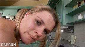 sexy blonde and natural milf fucked in the kitchen with deep penetrations