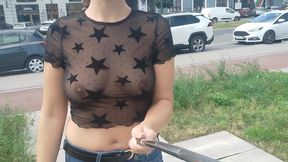 flashing boobs in the city, see-through blouse