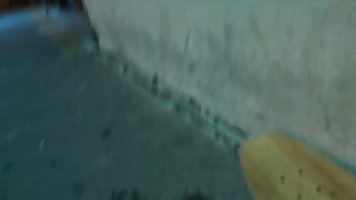 Young redhead girl masturbates at public place