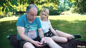 'Crimson-haired cutie gets pulverized by elderly stud at scenic outdoor tryst'