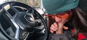 Car Blowjob in glasses interrupted