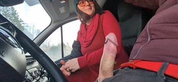 Car Blowjob in glasses interrupted