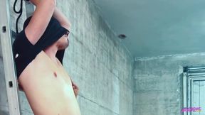 Wife Ties Hubby to Ladder Jerks Big Dick Till Cum Gushes on Saggy Tits