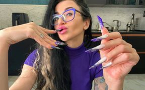 Finger Snapping and Sucking Fingers with Long Nails, Glasses and Face, New Shape and New Length