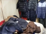 Handjob and cumshot with my down jacket
