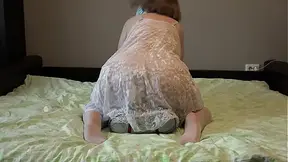 Mature BBW a cowgirl and reverse cowgirl position jumping on a strapon Her thick booty in panties is shaking and natural boobs are shaking