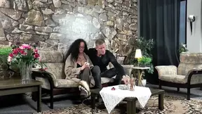 Sexy curly Milf sucks and fucks on huge cock on the couch