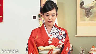 Sexy geisha dress kimono excited with dildo fucked by cock