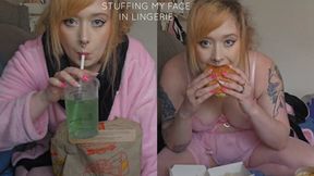 Stuffing my face with mcds Food eating In Sexy lingerie feeder feedee