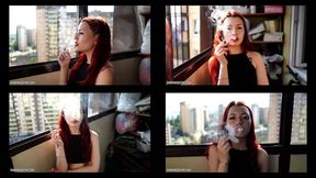 3-6 Lisa is smoking all-white Virginia Slims 120s cigarettes on the balcony at home using matches (4 scenes) 4K resolution