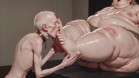 Thin Slave Boy Licking Huge SSBBW Mistress Soft Feet