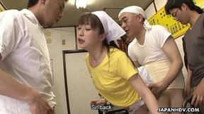 Tokyo nympho Asuka takes on four cocks, flooded with creamy semen in the city streets