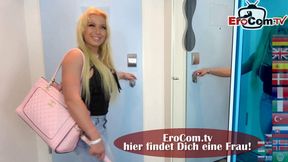 Slim blonde slut with small boobs gets a cumshot in her mouth