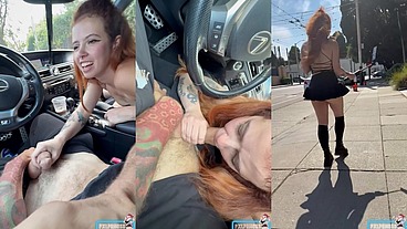 Secret Car BJ and Public Cumwalk - No Panties!