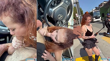 Secret Car BJ and Public Cumwalk - No Panties!