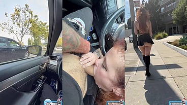 Secret Car BJ and Public Cumwalk - No Panties!
